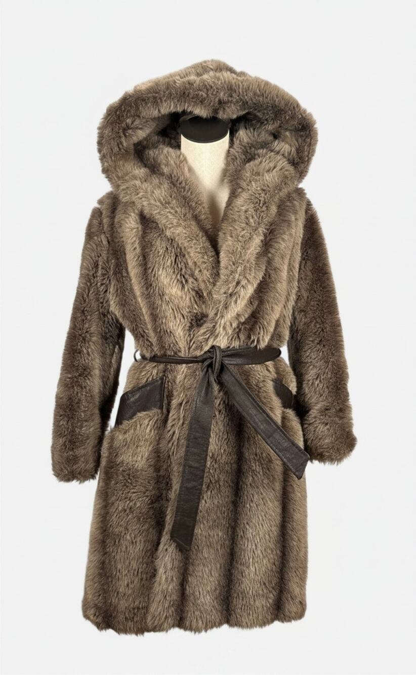 Vintage Black Faux Fur Winter Coat Long Belted Hood Mob Wife Jacket Old Money XL